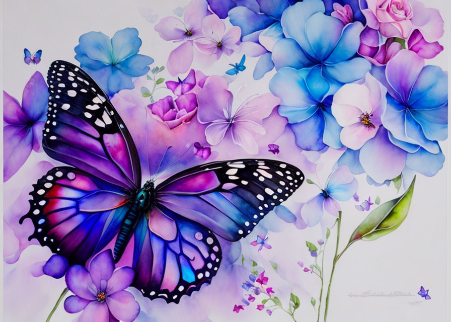 Colorful butterfly on purple flowers against white background