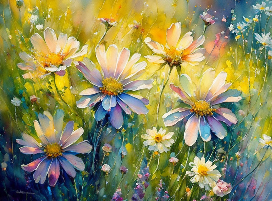 Colorful daisy painting with yellow, blue, and purple hues on vibrant background