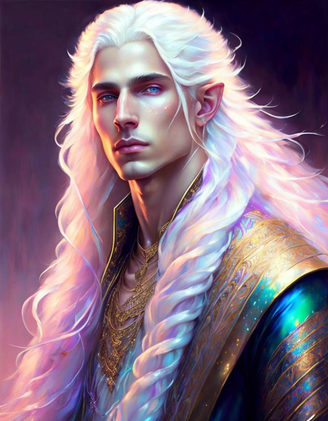 Ethereal male figure with long white hair and golden armor