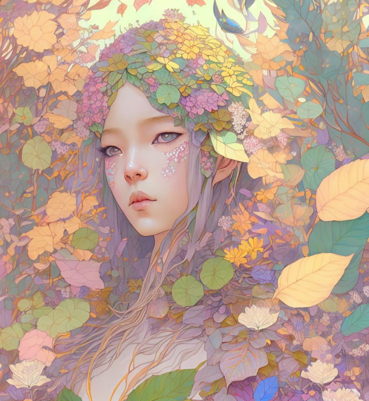 Ethereal portrait with floral elements and pastel tones blending into leafy backdrop