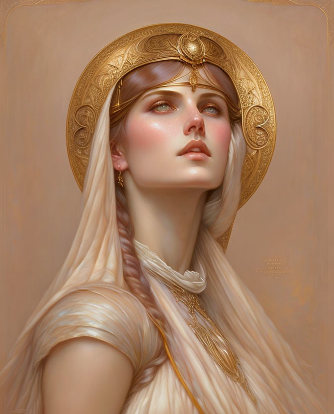 Portrait of Woman with Long Pale Hair and Golden Ornate Headpiece