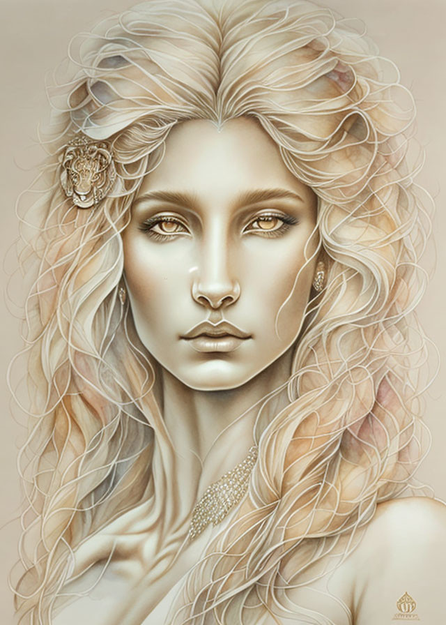 Detailed illustration of woman with voluminous blonde hair and elegant accessories in soft tones