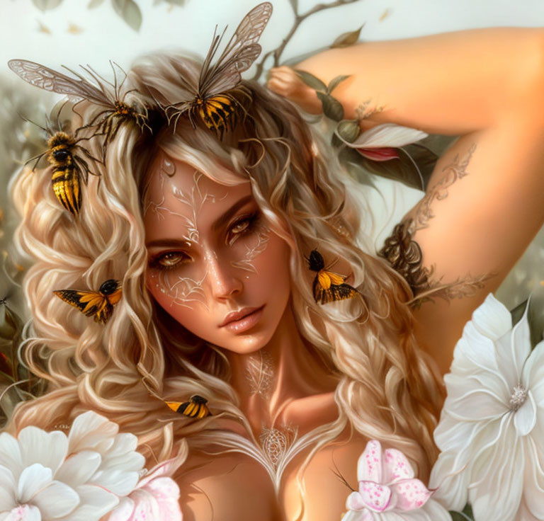 Digital artwork of woman with bees, butterflies, and flowers, creating mystical ambiance.