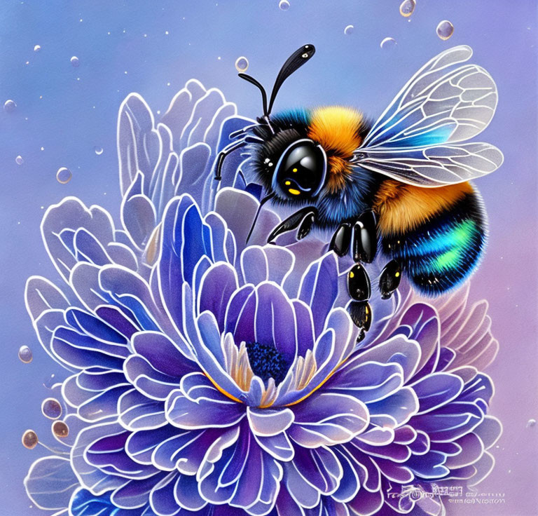 Colorful Bumblebee Illustration on Purple Flower and Whimsical Background