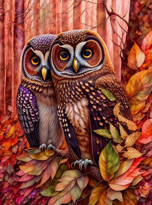 Stylized Owls Among Colorful Autumn Leaves