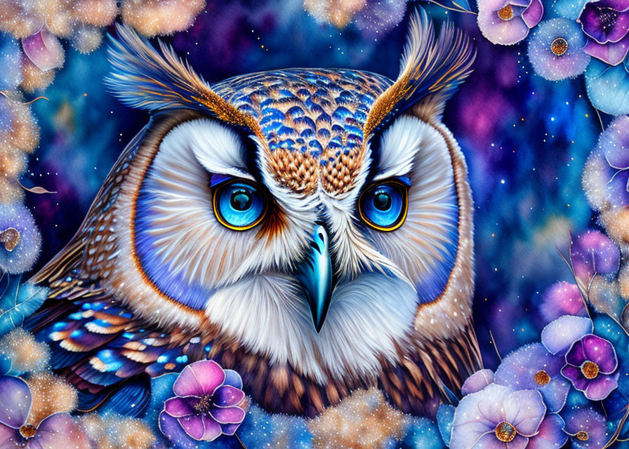 Colorful Owl Illustration with Blue Eyes and Flowers