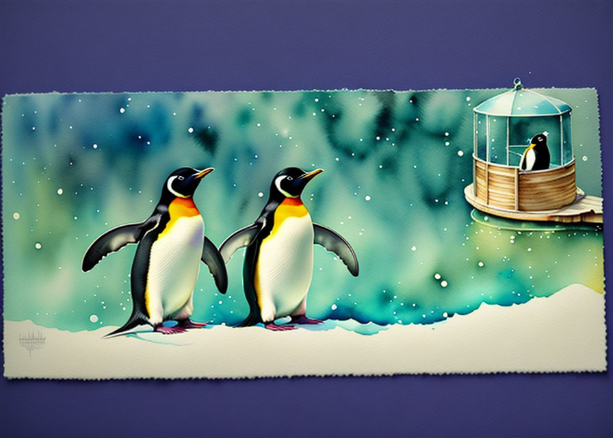 Illustrated penguins in snowy landscape with birdcage and falling snowflakes