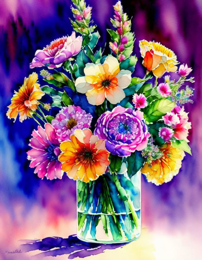 Colorful Watercolor Painting of Mixed Flower Bouquet in Glass Vase