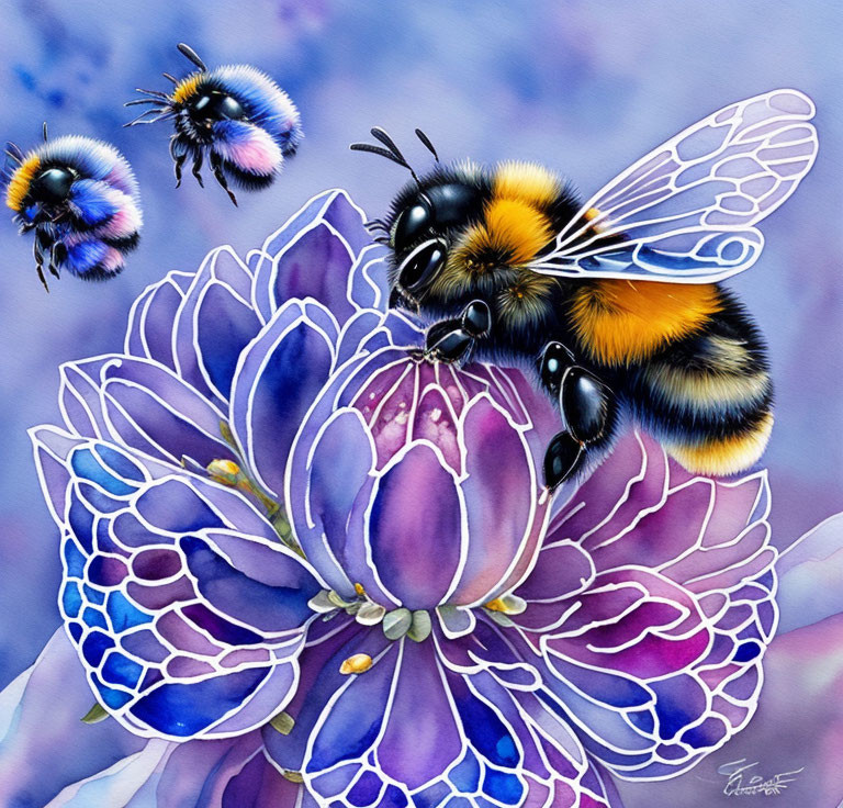 Colorful painting of bumblebee on purple flower with detailed brushwork