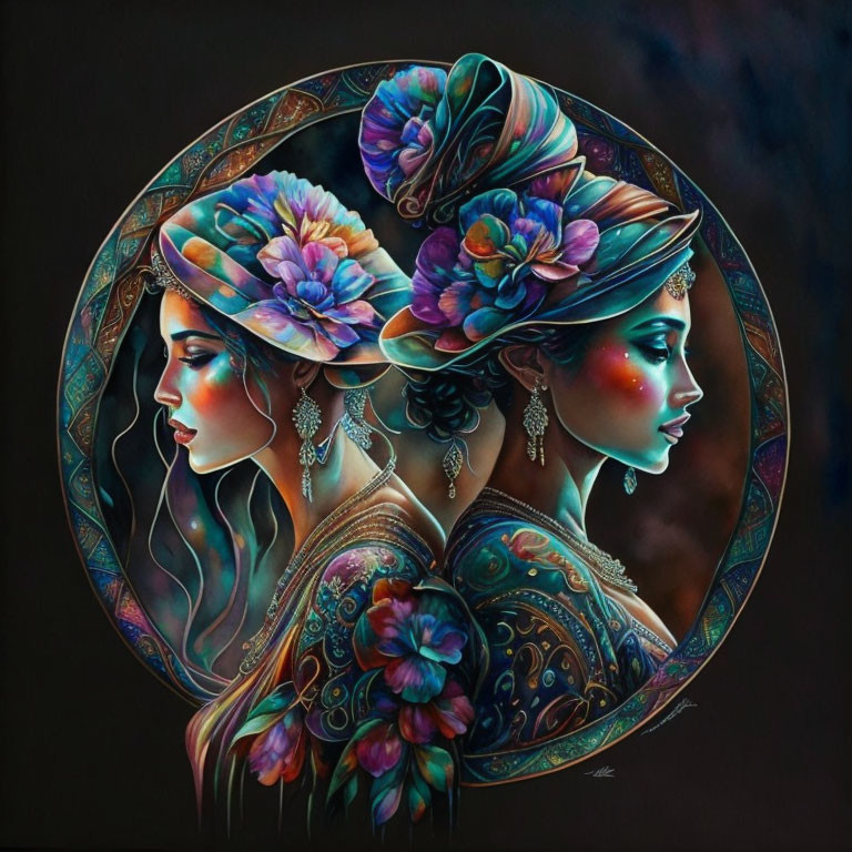 Two women in profile with elaborate headdresses and vibrant flowers on dark background