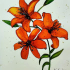 Colorful watercolor painting of blooming orange flowers with delicate petals and stamens on plain background