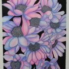 Stylized pink and violet flowers with turquoise centers on black background