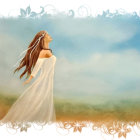 Woman in White Dress Standing in Colorful Meadow Illustration