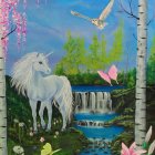 Fantasy illustration of white unicorn in enchanted forest