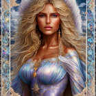 Blond-haired woman in celestial attire with mystical aura and feather & jewel elements