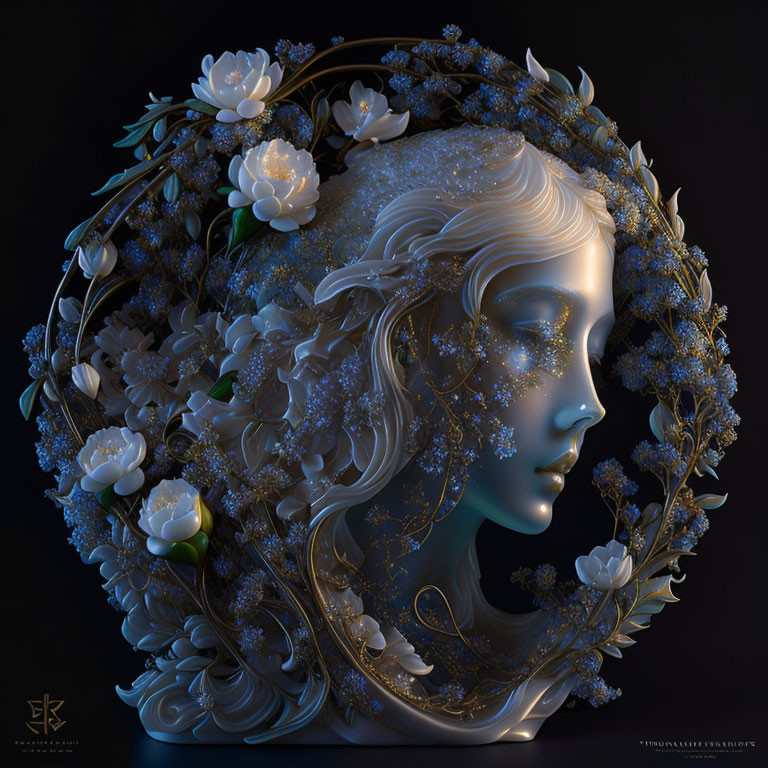 Serene female figure with floral hair in 3D art