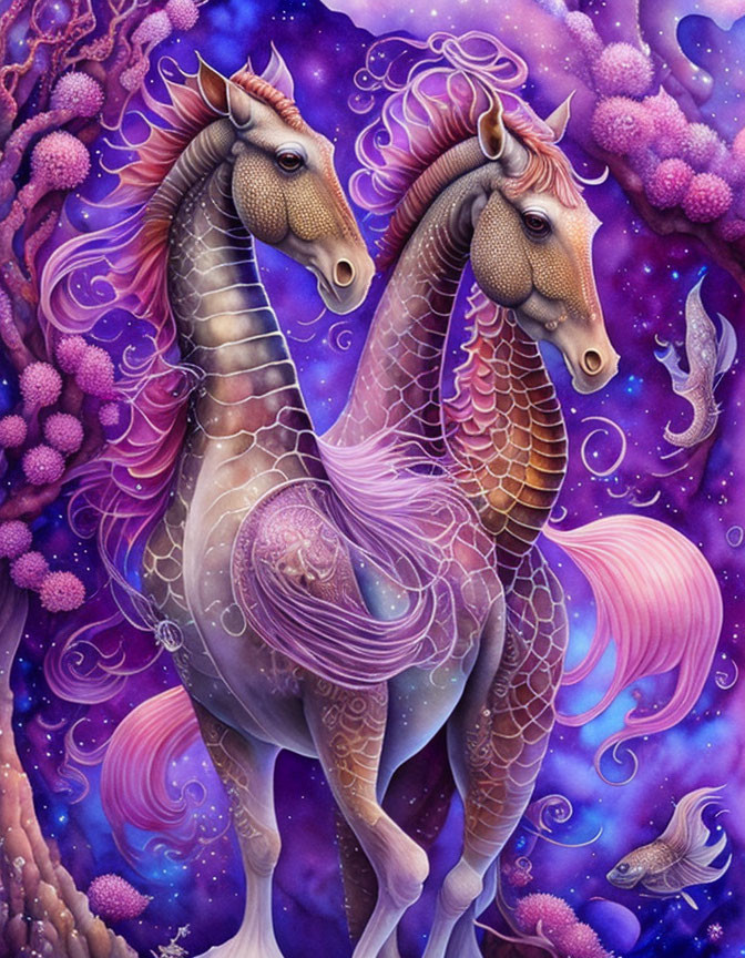 Fantastical seahorse creatures in vibrant cosmic underwater scene