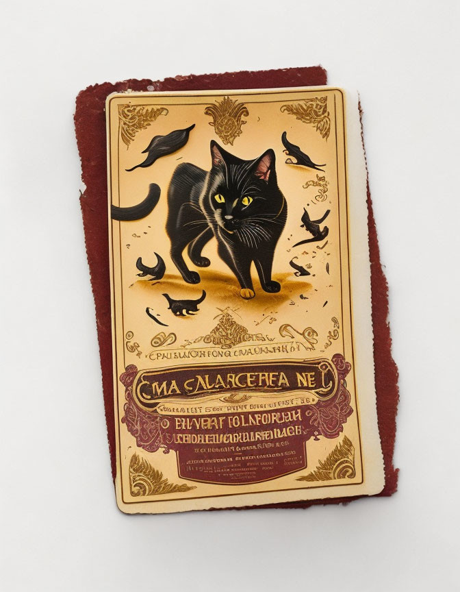 Vintage Book Cover with Black Cat, Golden Designs, Cyrillic Text, and Maroon Felt Border