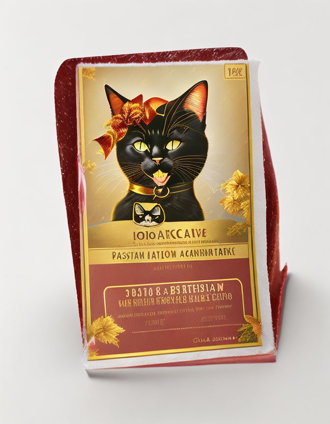 Stylized black cat bookend with autumn leaves and Cyrillic text on golden background