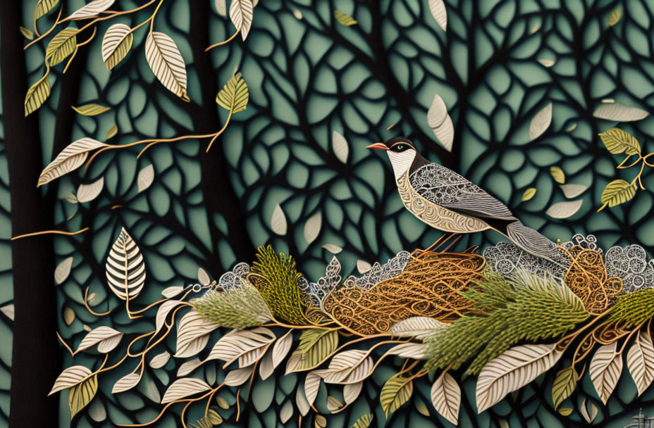 Detailed bird illustration on patterned foliage against lattice background