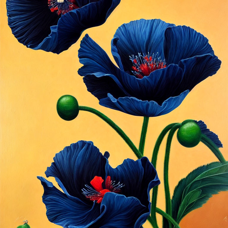 Vibrant blue poppies with red stamens on yellow background