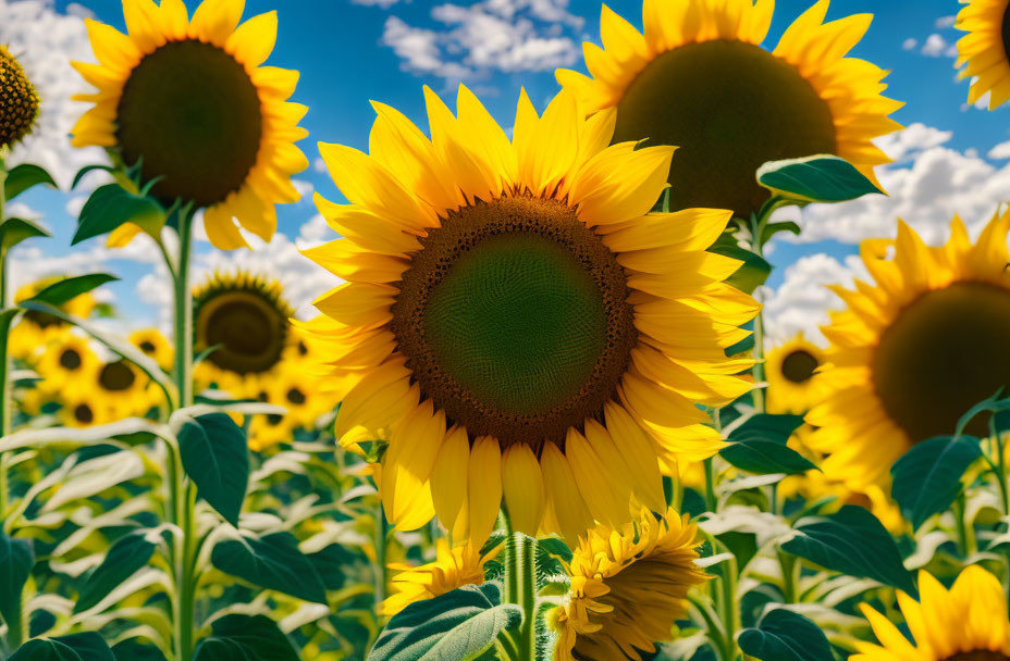 Bright Sunflowers with Dark Centers Against Blue Sky