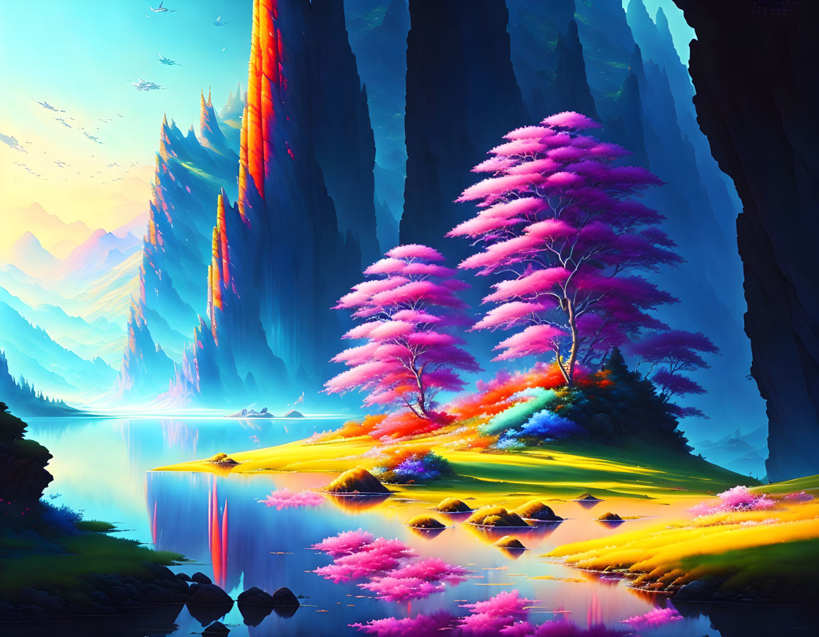 Colorful Fantasy Landscape with Pink Trees, Reflective River, and Vivid Grass