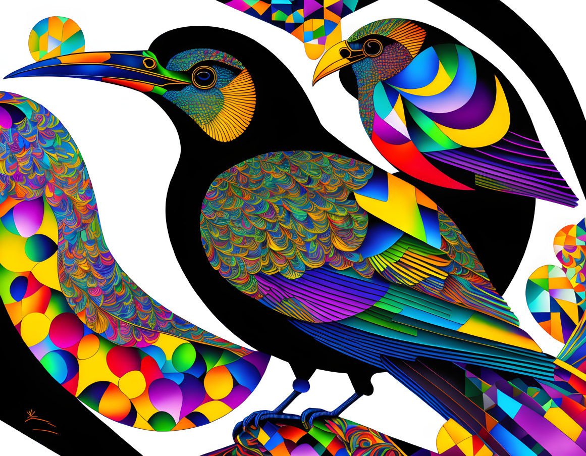 Colorful digital artwork: Two stylized birds with intricate patterns