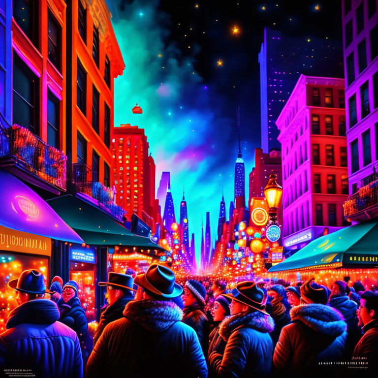 Vibrant nighttime city street scene with crowds, colorful lights, and festive atmosphere