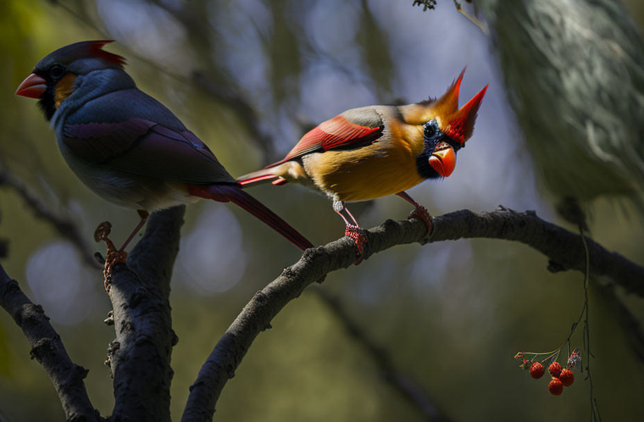 Pair of vibrant Northern Cardinals perched on branch with male's bright red plumage.