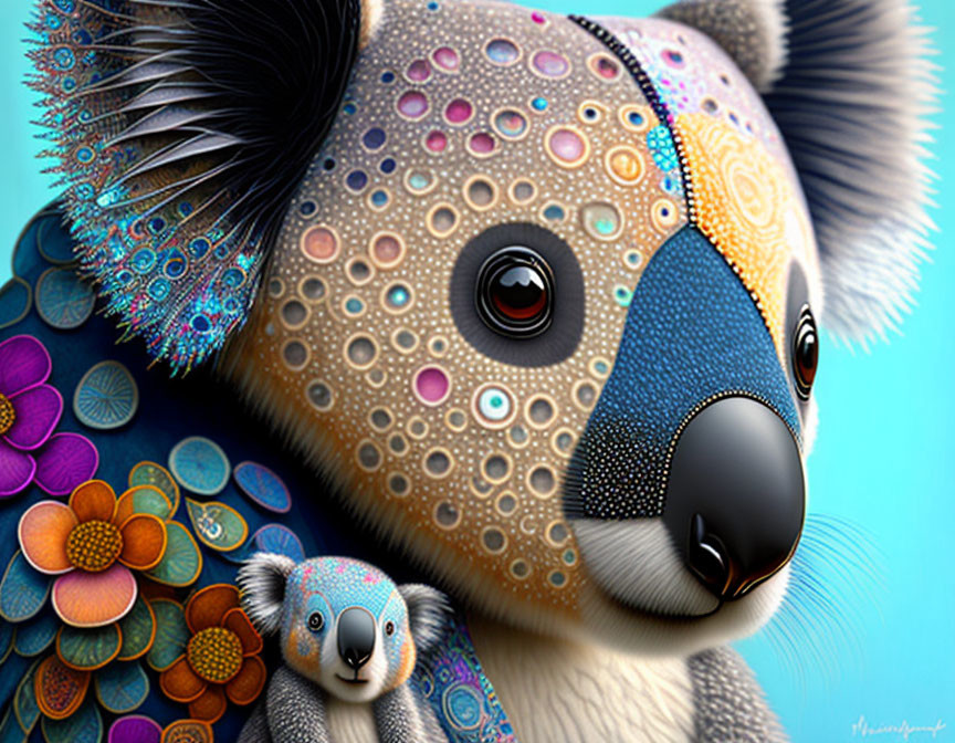 Colorful digital artwork of stylized koalas with intricate patterns.