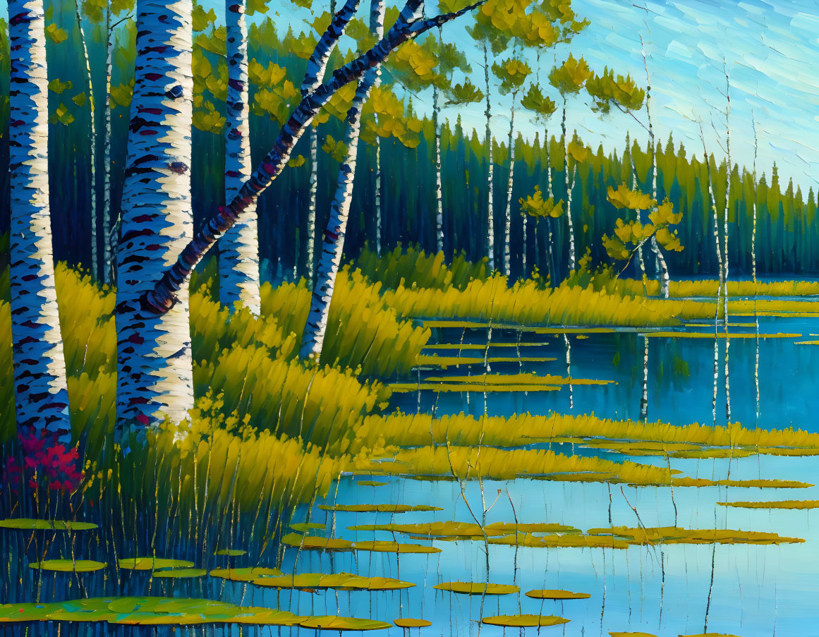 Tranquil lake with birch trees, pine forest, and clear blue sky