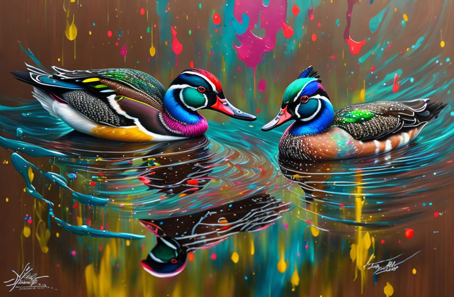 Colorful Ducks Floating on Reflective Water Surface