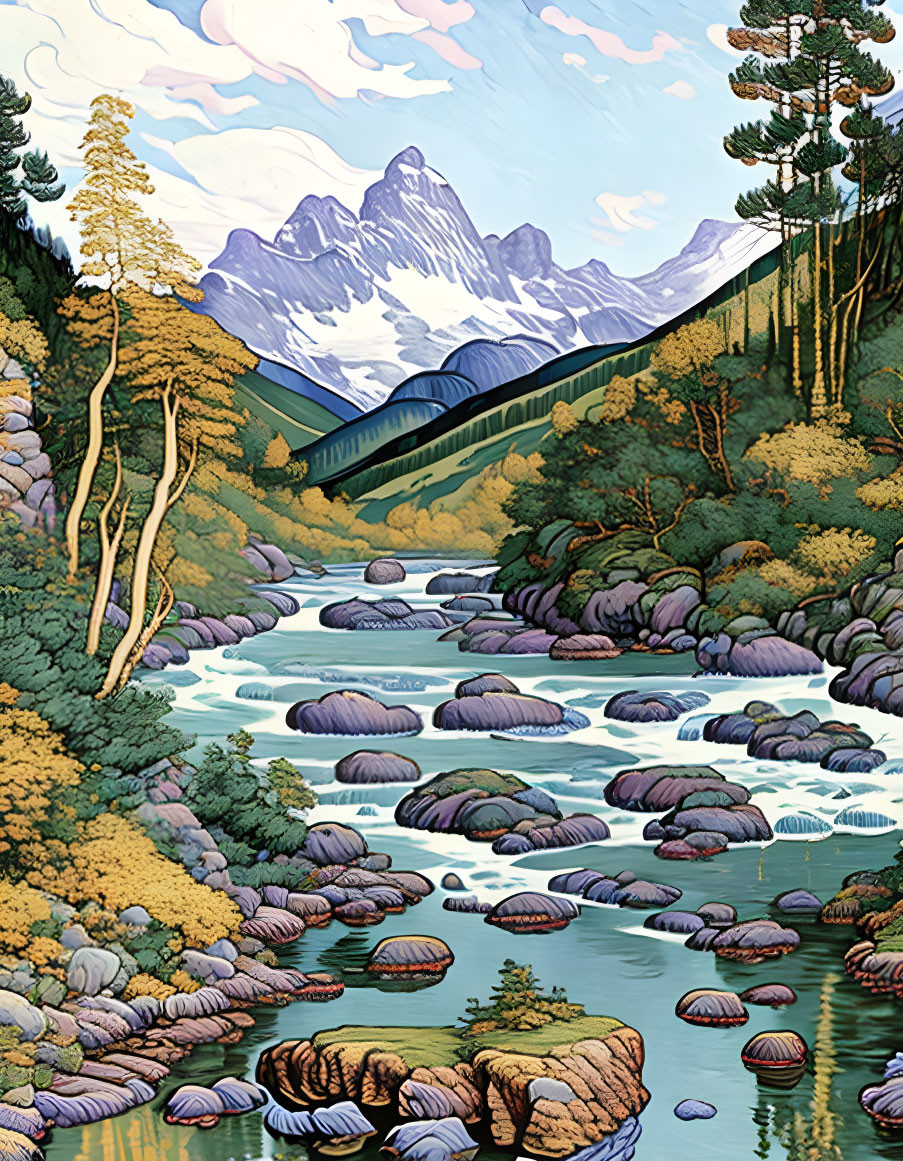 Scenic landscape with river, valley, forests, mountains