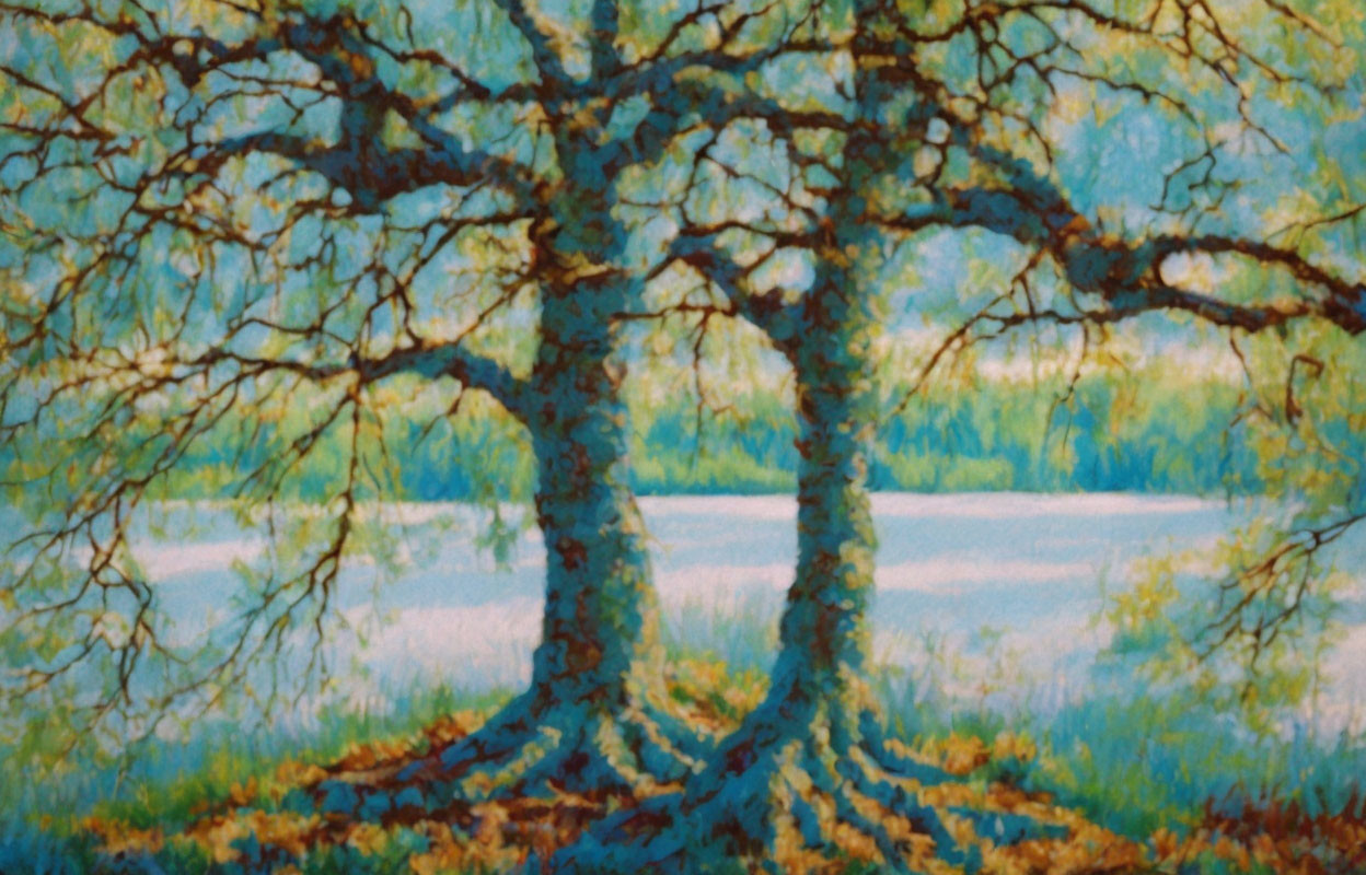 Impressionist Painting: Two Trees with Intricate Branches by a Lake