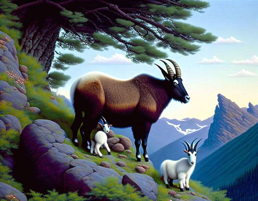 Three mountain goats on grassy ledge with pine trees & mountains