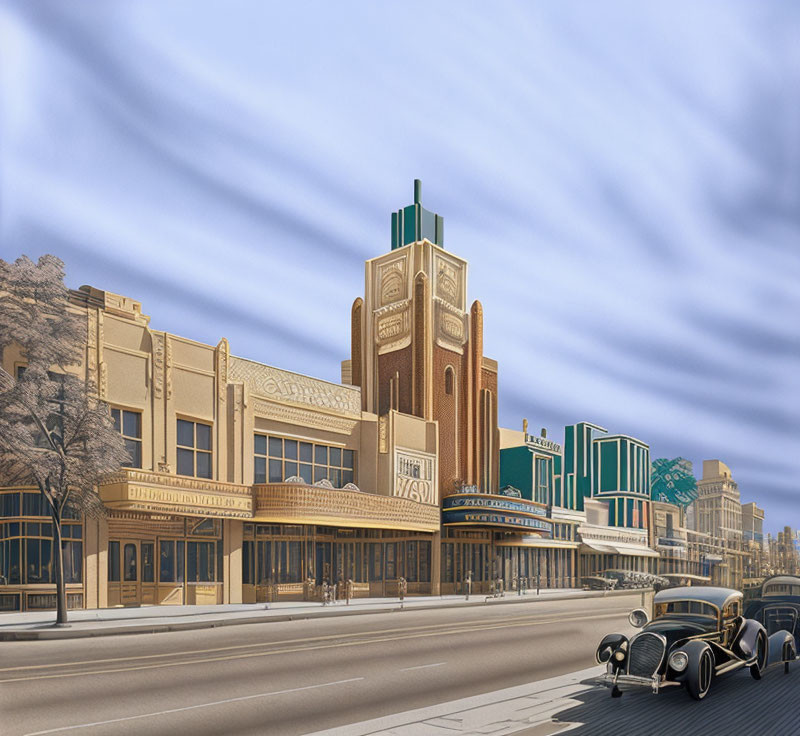 Vintage street scene with art deco architecture and classic cars under streaked clouds