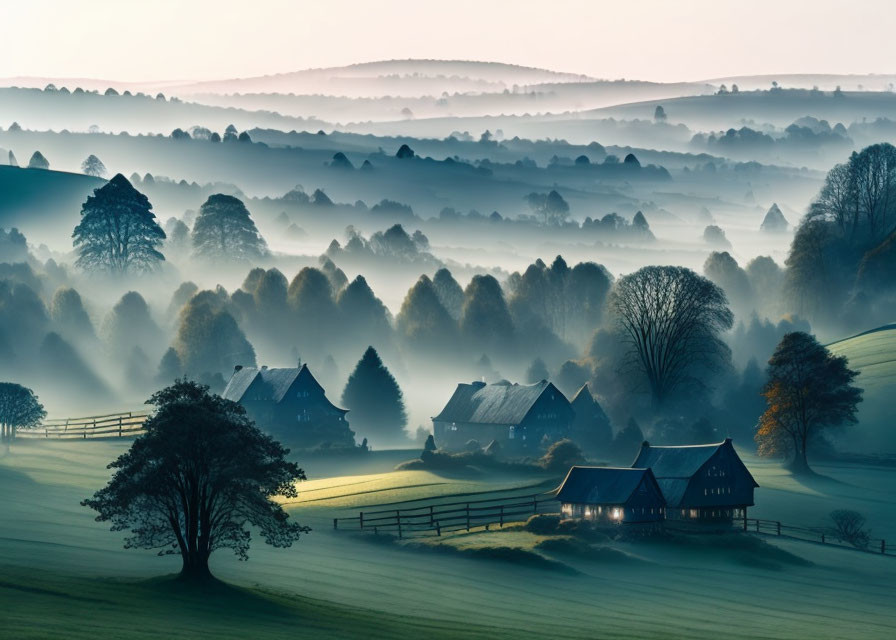 Misty Morning Landscape: Foggy Hills and Traditional Houses