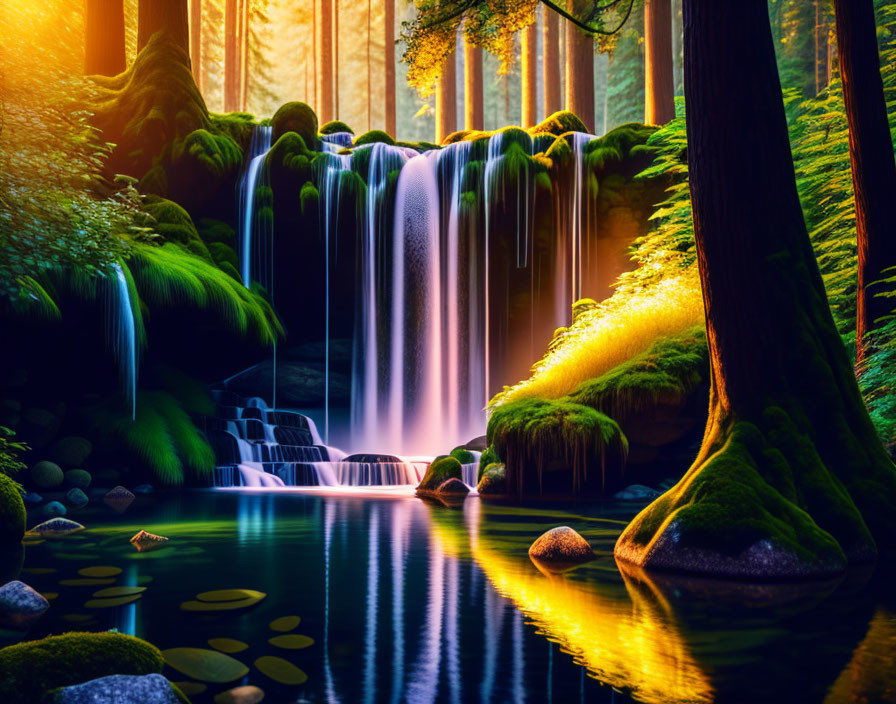 Tranquil waterfall landscape with lush greenery