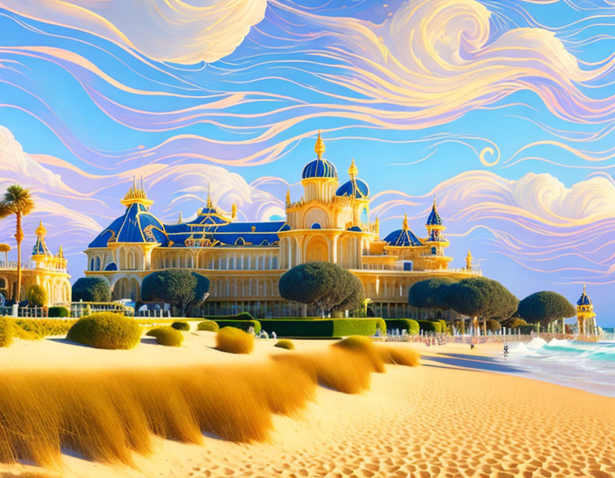 Whimsical fairytale castle illustration by the beach