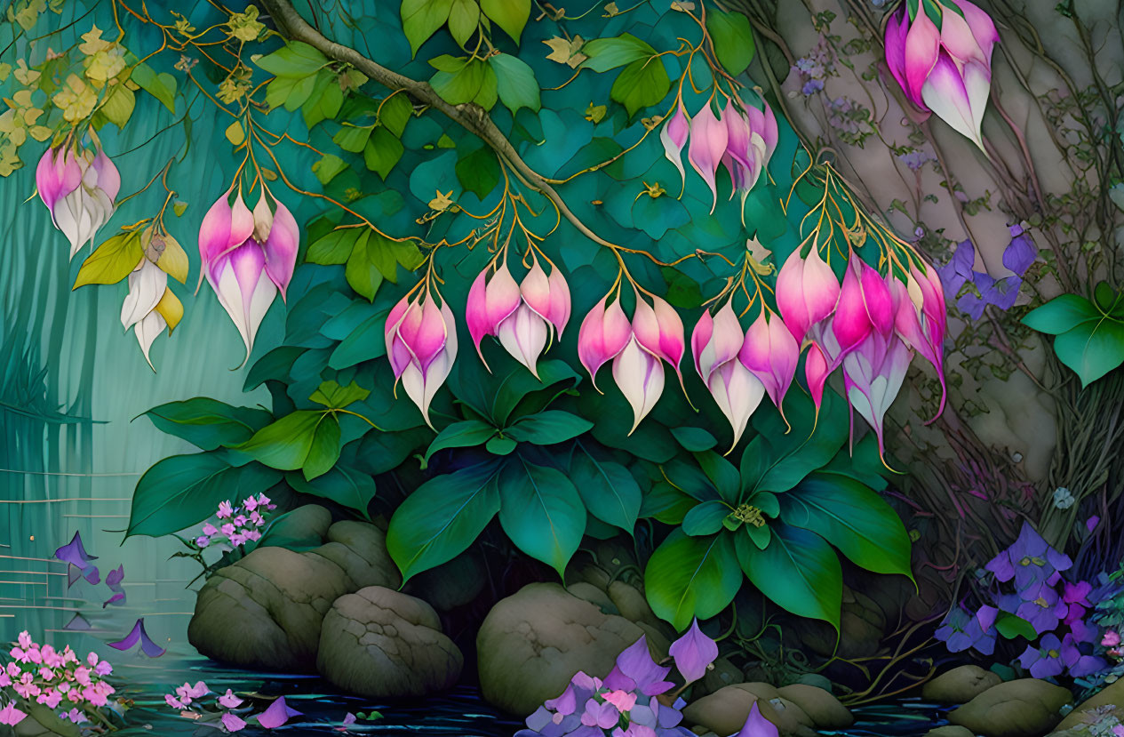 Tranquil garden scene with vibrant fuchsia flowers and serene pond.