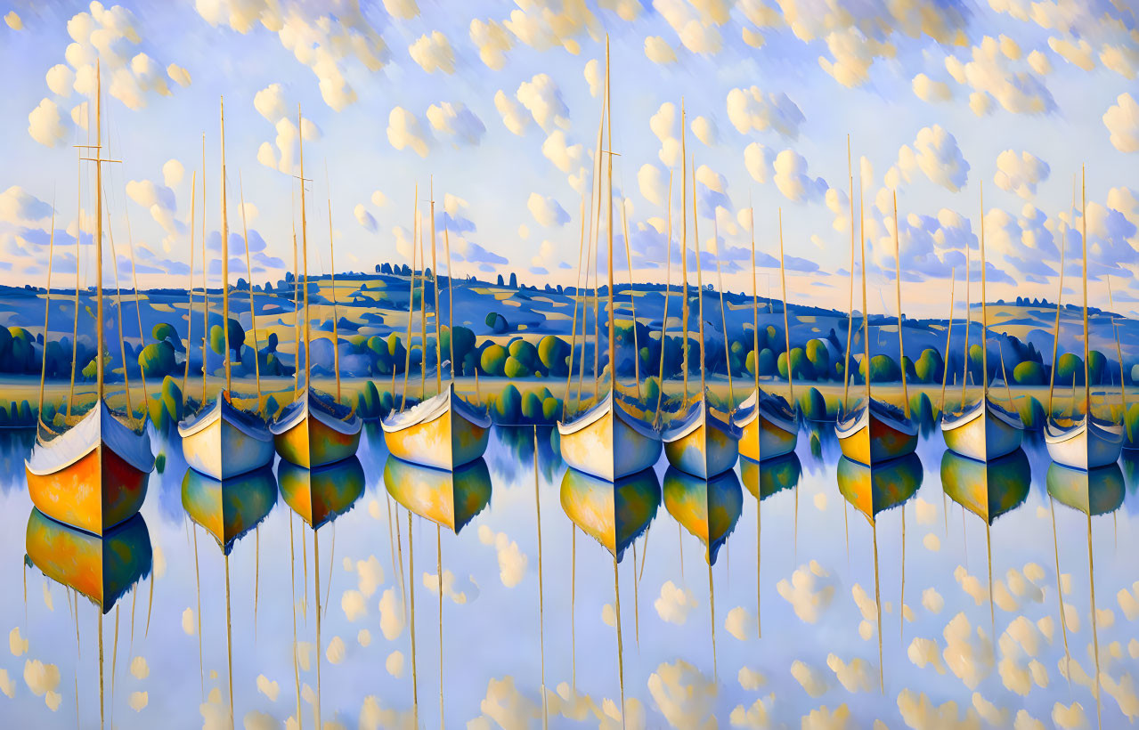 Panoramic painting of sailboats on glassy water with vibrant hulls