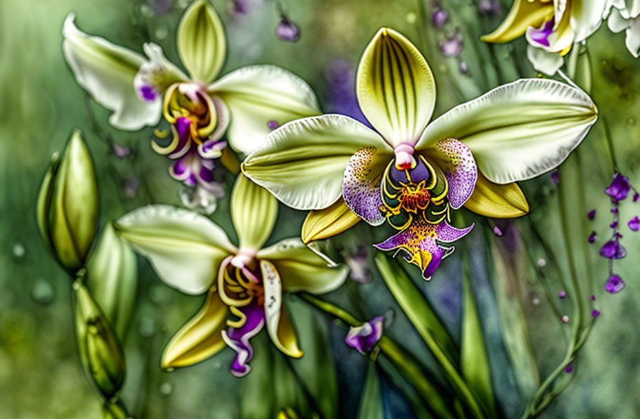 Colorful Yellow and Purple Orchids with Detailed Petal Patterns on Green Background