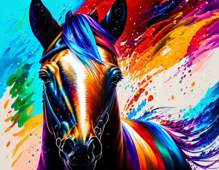 Colorful Horse Artwork with Dynamic Paint Splatters