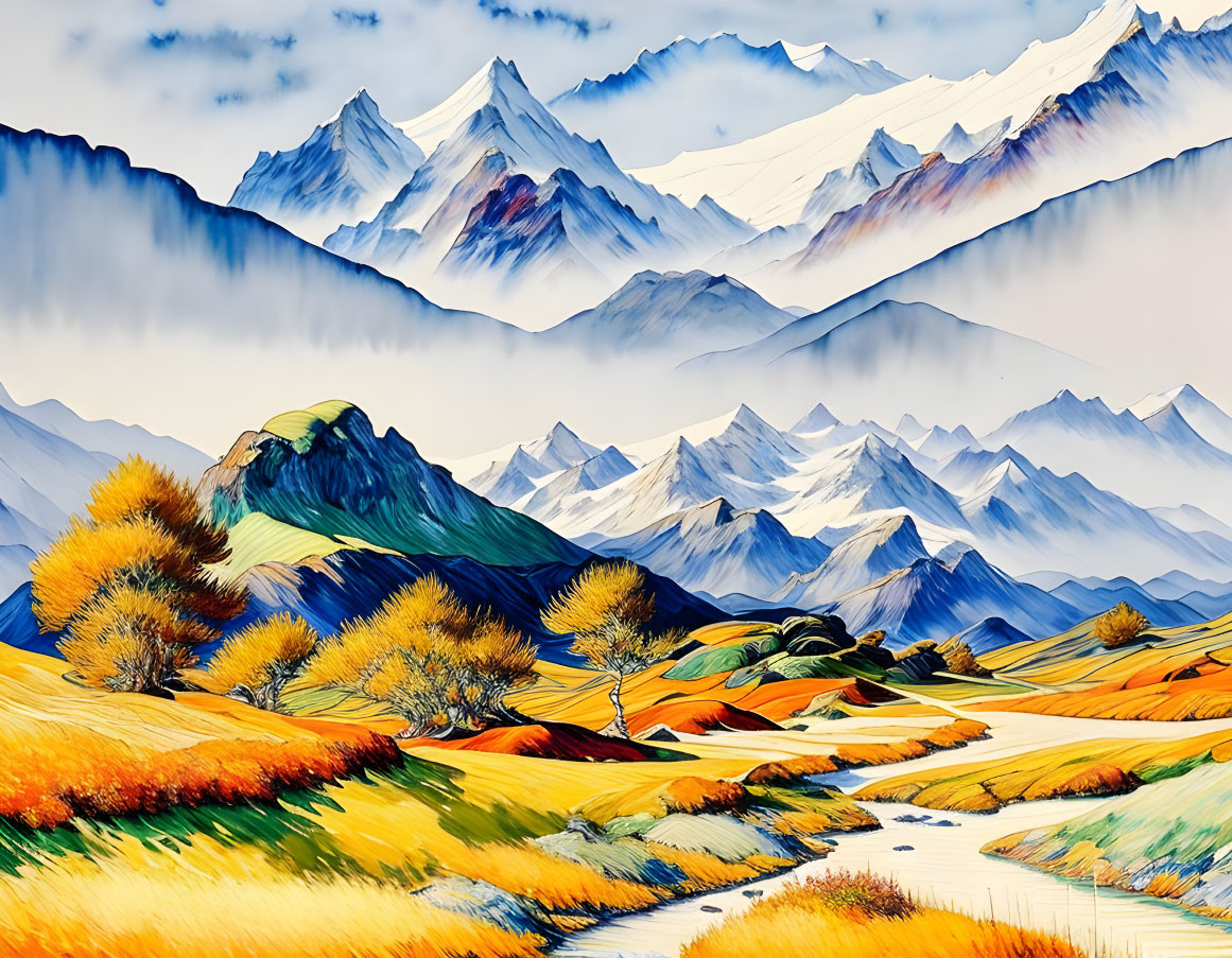 Scenic landscape: golden hills, winding river, snow-capped mountains