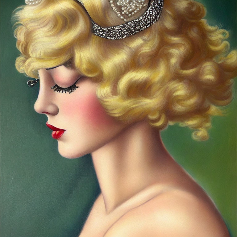 Vintage-style portrait of a woman with golden curly hair, headpiece, red lipstick, and closed eyes