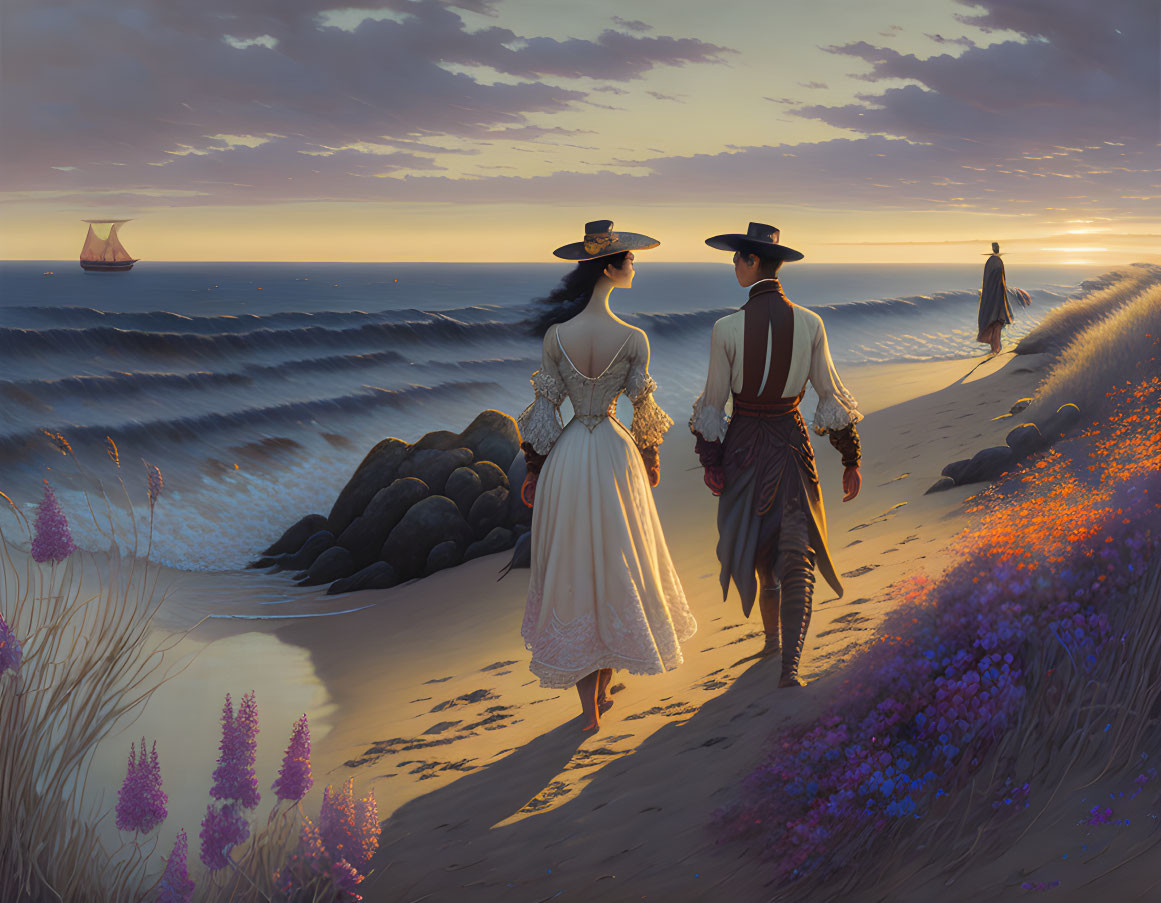 Couple in vintage attire strolls on beach at sunset with ship and flowers.