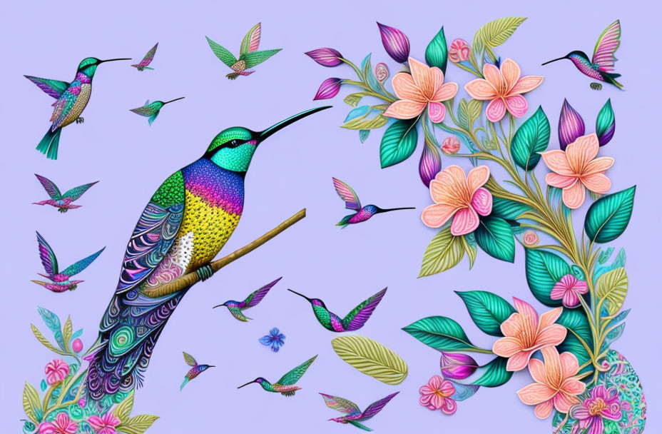 Vibrant hummingbirds and flowers on purple background