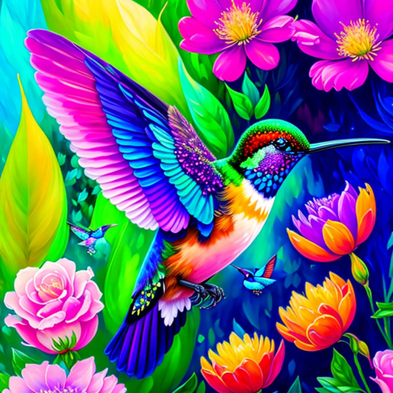 Colorful hummingbird illustration among vibrant flowers with iridescent plumage.