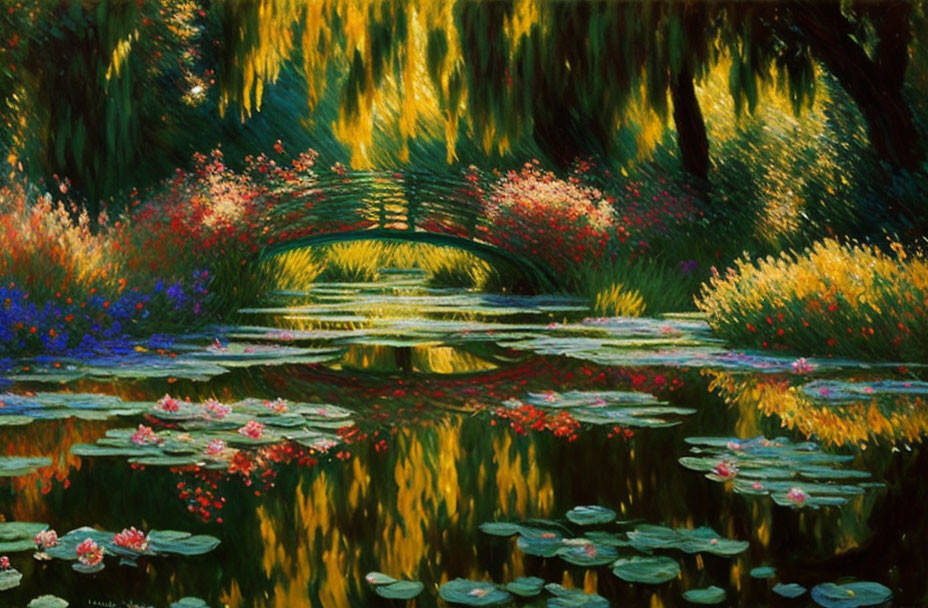 Tranquil pond with water lilies, colorful flowers, and small bridge